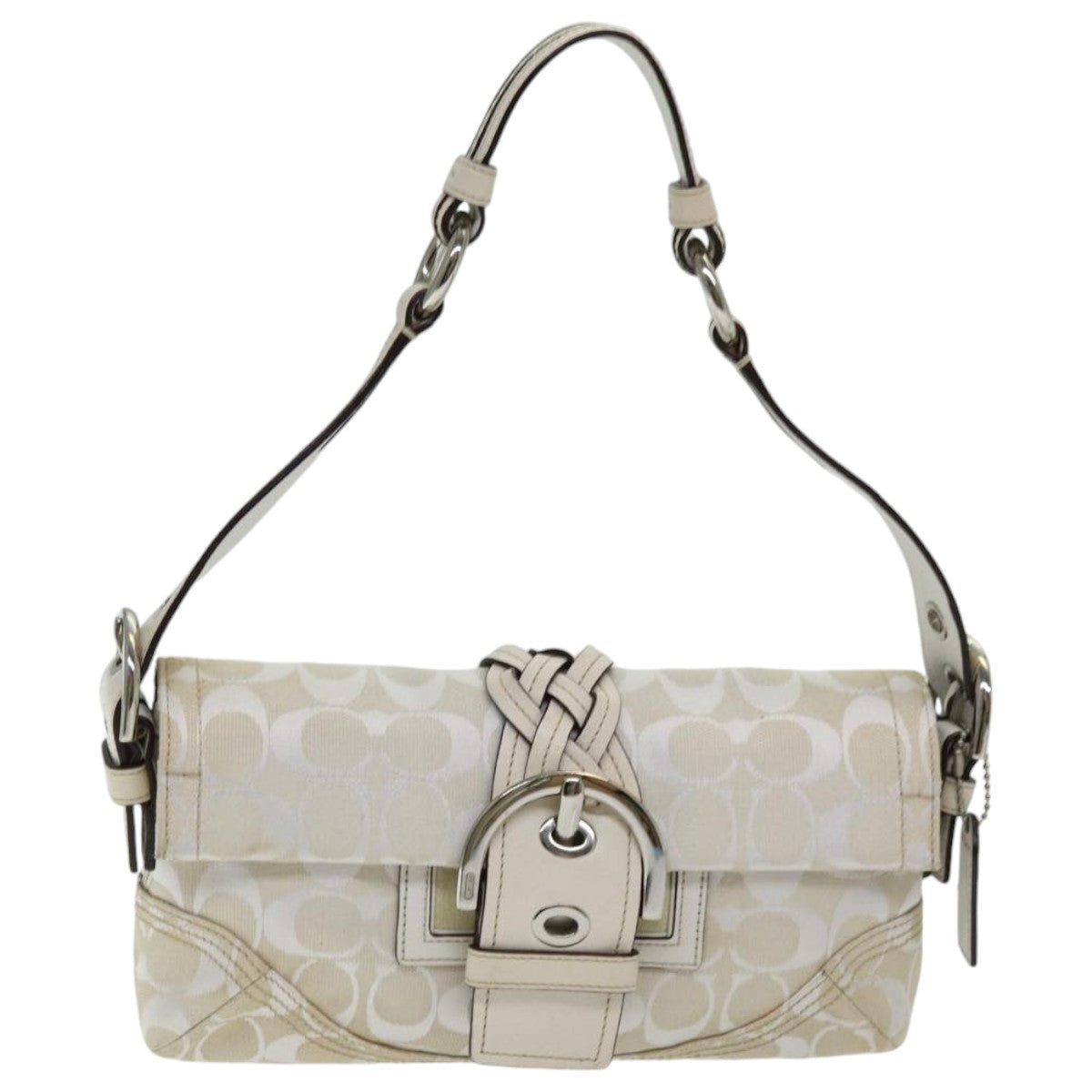 Coach Signature Shoulder Bag Canvas White Silver Auth am6751