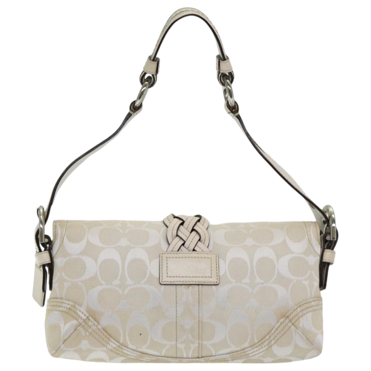 Coach Signature Shoulder Bag Canvas White Silver Auth am6751