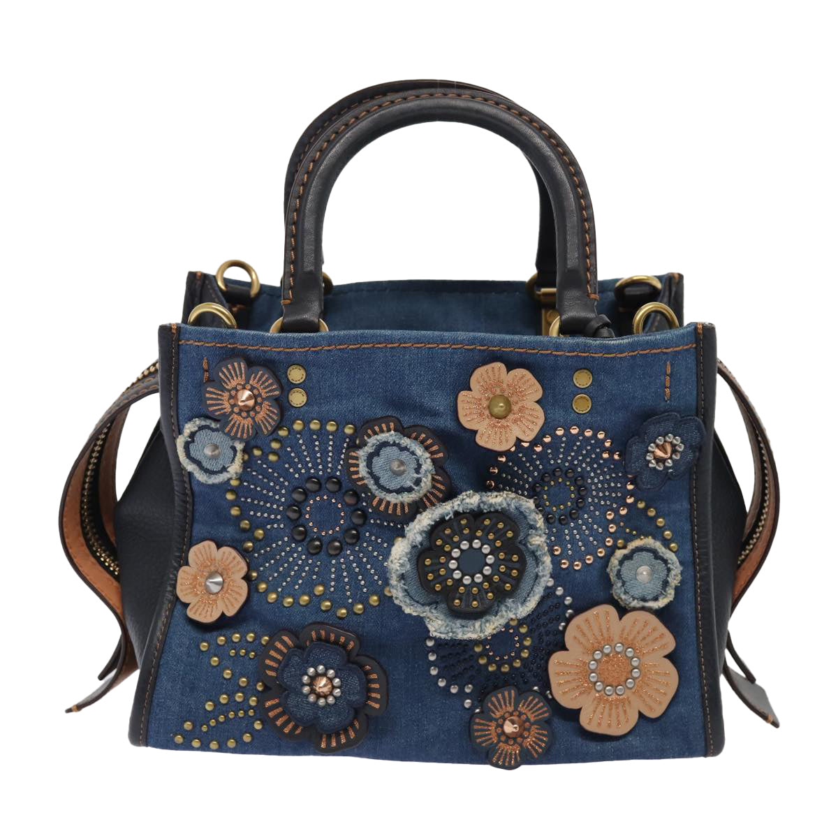 Coach Tea Rose Rogue 25 Hand Bag Denim 2way Blue Gold Auth am6757