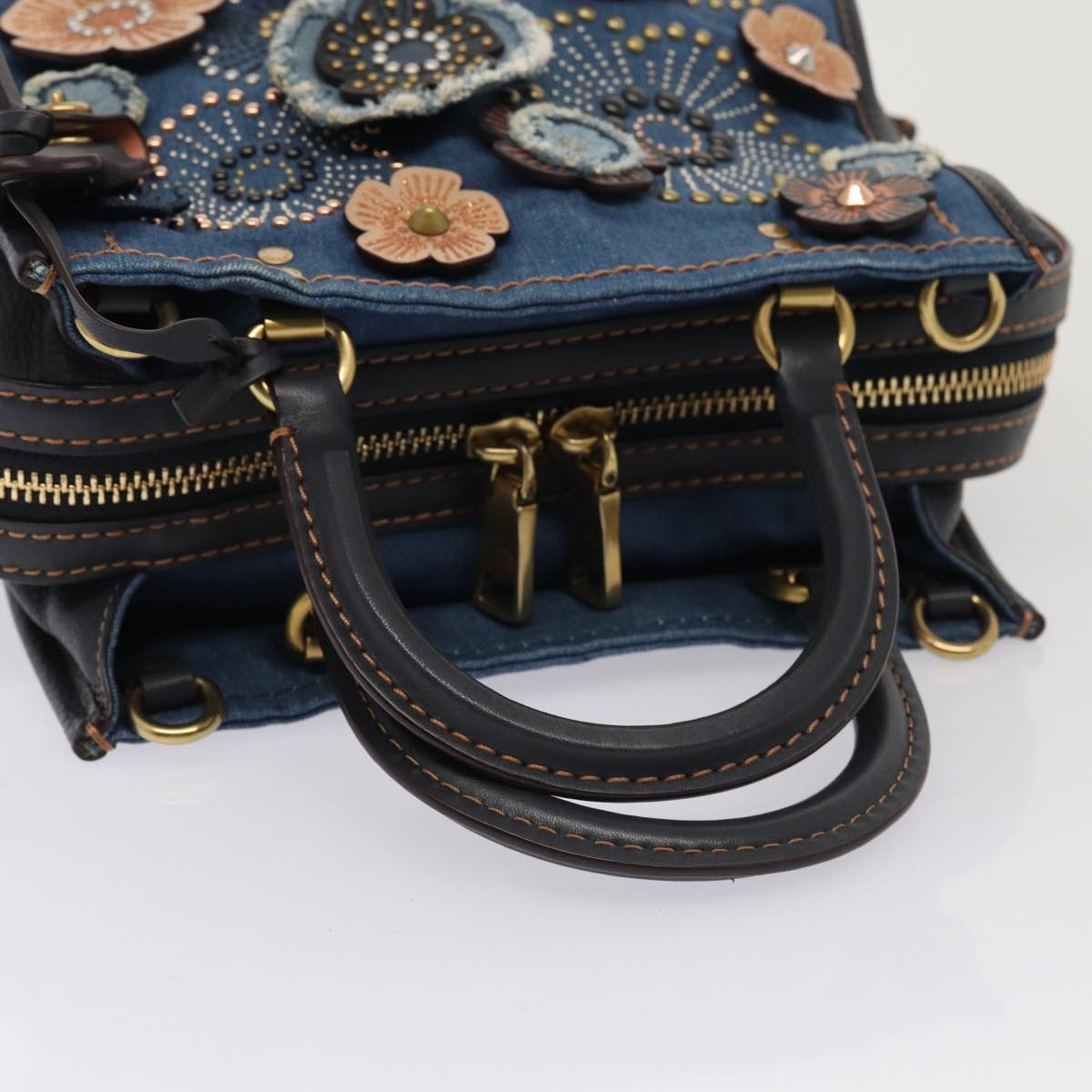 Coach Tea Rose Rogue 25 Hand Bag Denim 2way Blue Gold Auth am6757