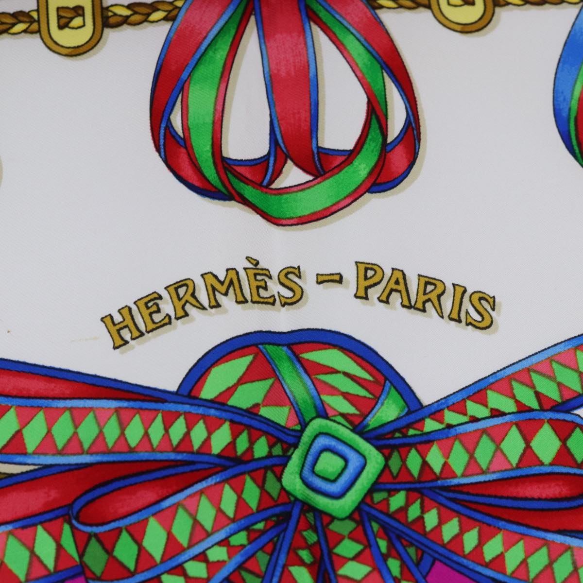 HERMES Carre 90 Scarf ""LES RUBANS DU CHEVAL"" Silk Pink White Auth am6759