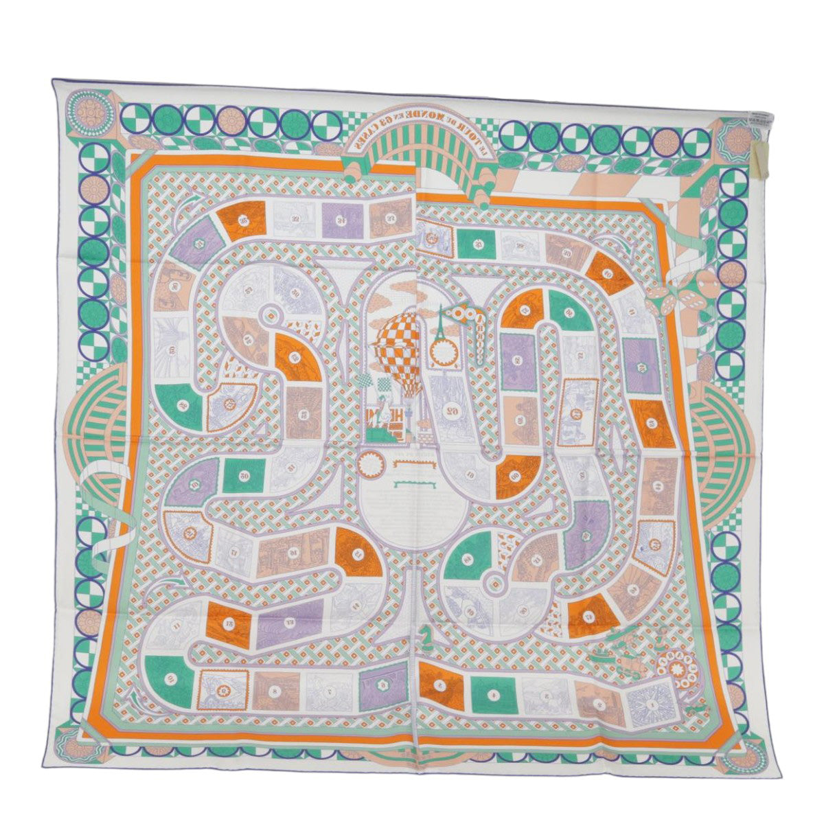 HERMES Carre 90 Scarf LE TOUR DU MONDE EN 63 CASES Silk White Orange Auth am6774