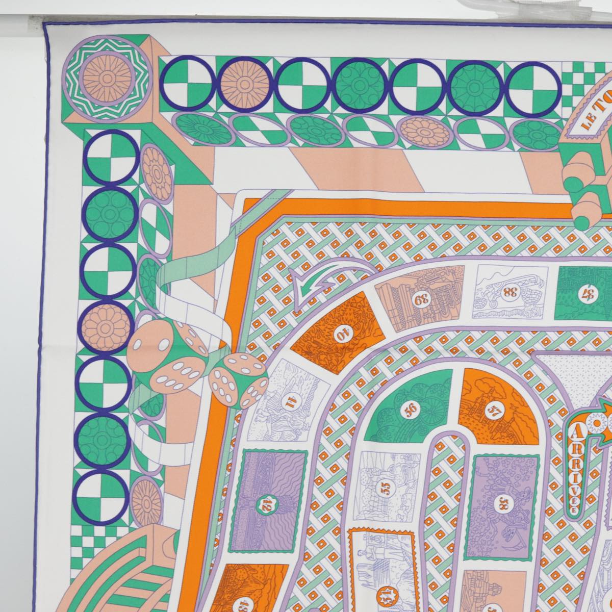 HERMES Carre 90 Scarf LE TOUR DU MONDE EN 63 CASES Silk White Orange Auth am6774