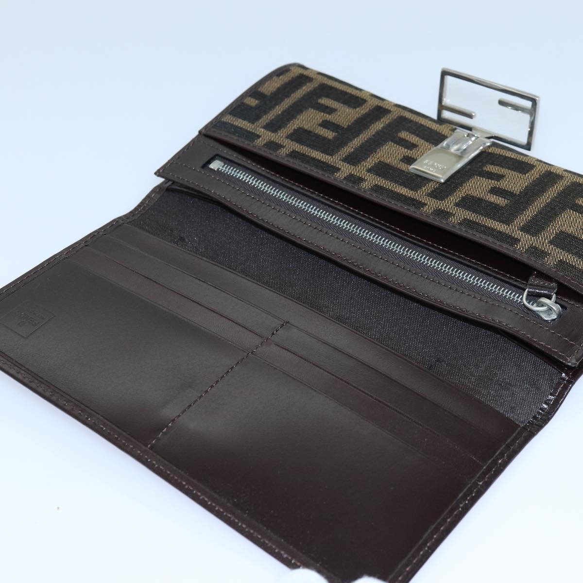 FENDI Zucca Canvas Long Wallet Black Brown Silver Auth am6788