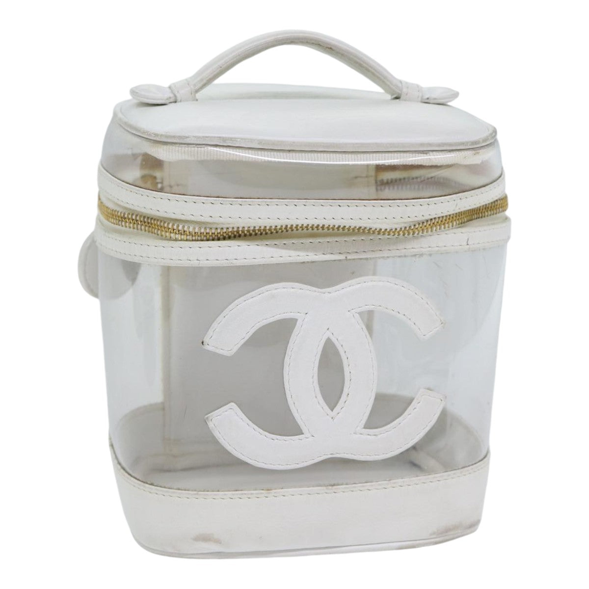 CHANEL COCO Mark Vanity Pouch Vinyl White Gold CC Auth am6835