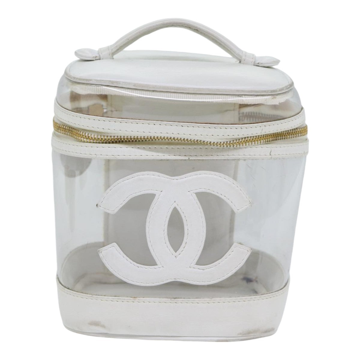 CHANEL COCO Mark Vanity Pouch Vinyl White Gold CC Auth am6835