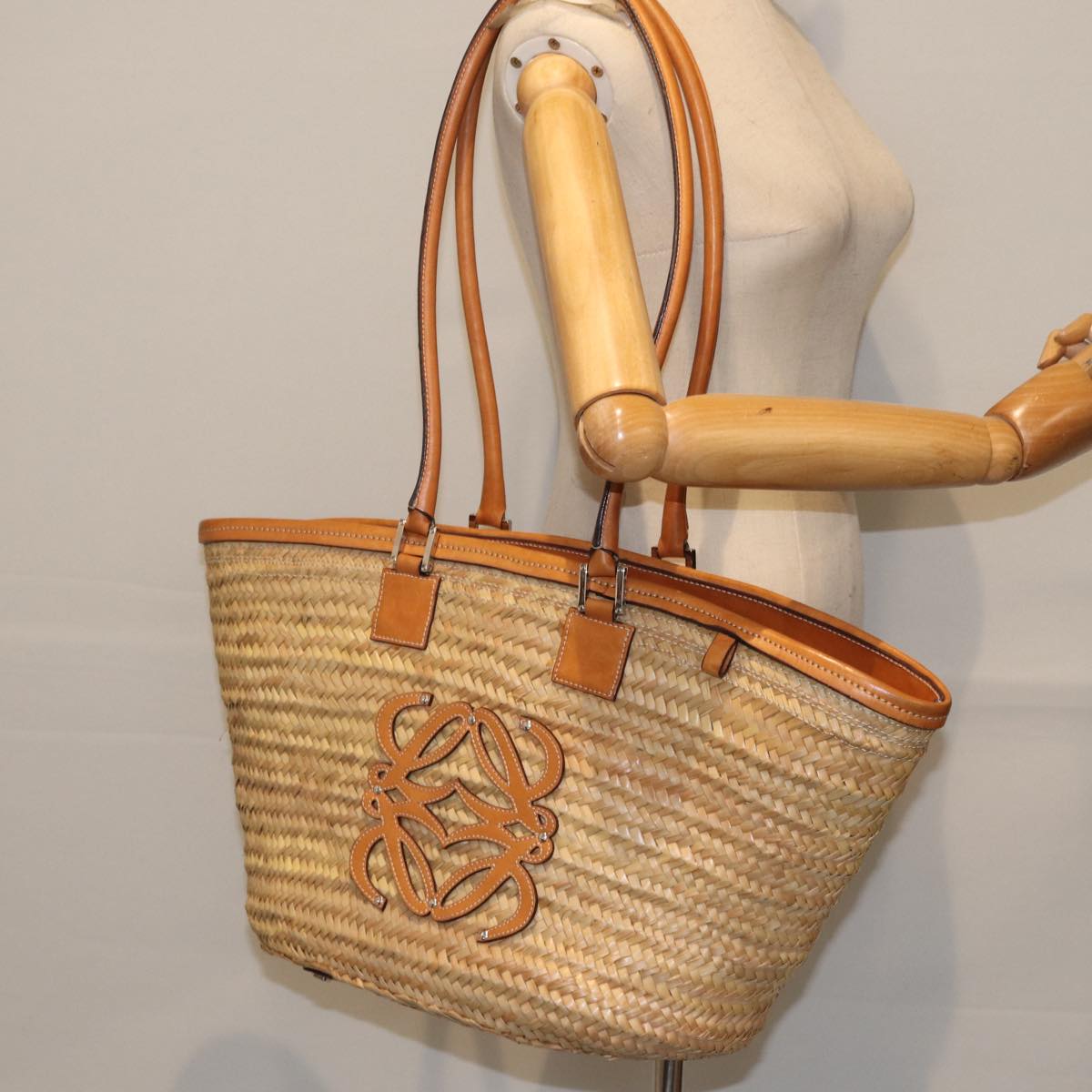 LOEWE Anagram Tote Bag Straw Beige Silver Auth am6838