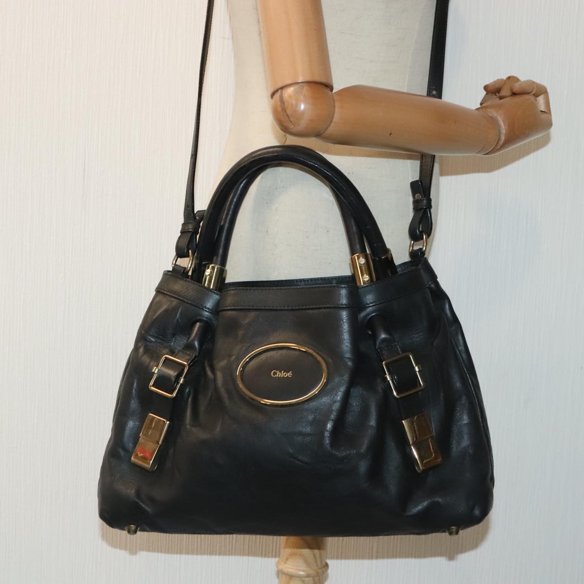 Chloe Victoria Hand Bag Leather 2way Black Auth am6849