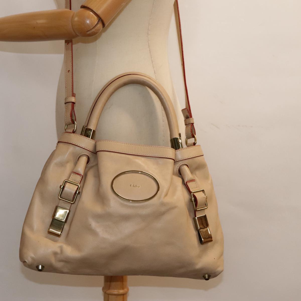 Chloe Victoria Hand Bag Leather 2way Beige Auth am6850