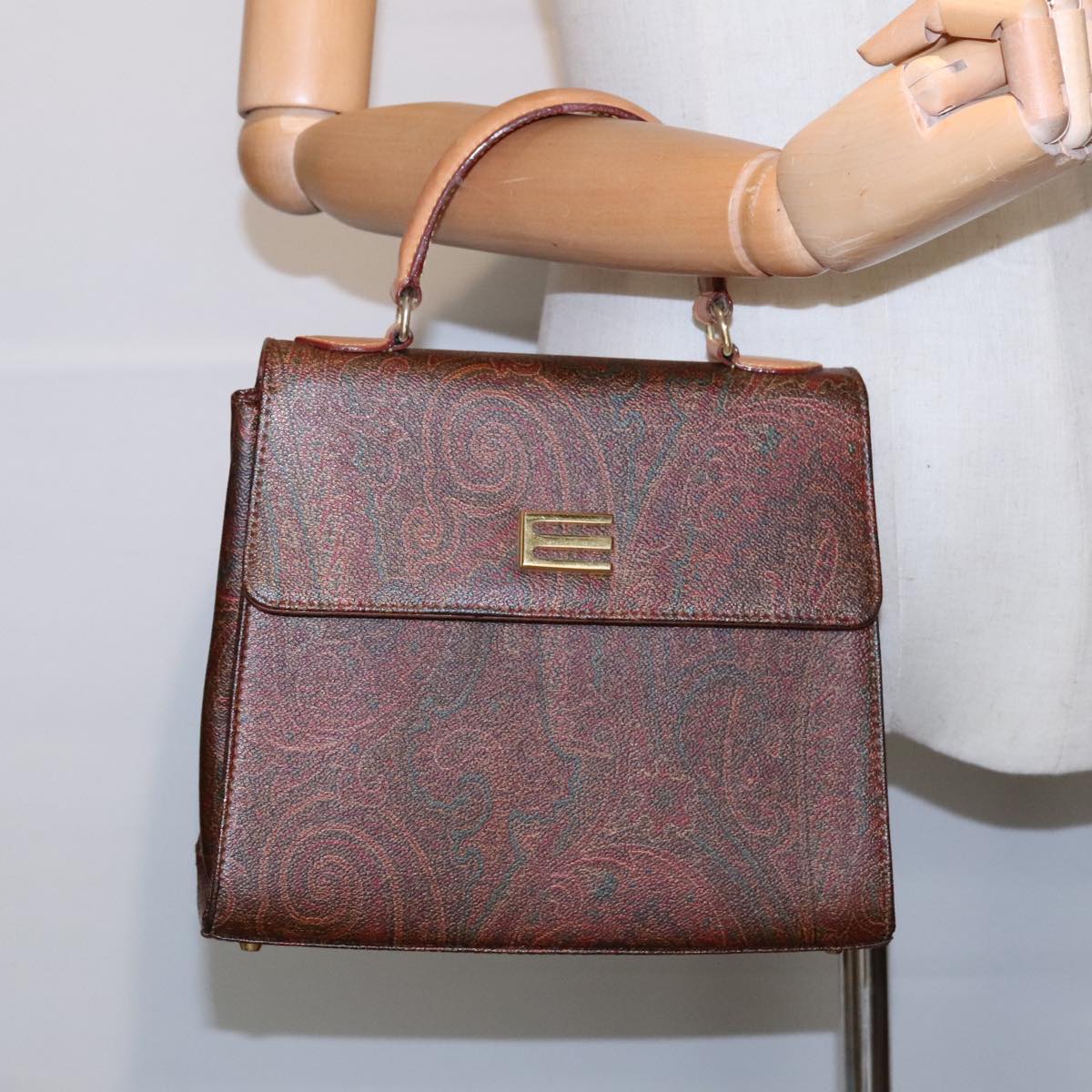 ETRO Paisley Hand Bag Leather Brown Auth am6904