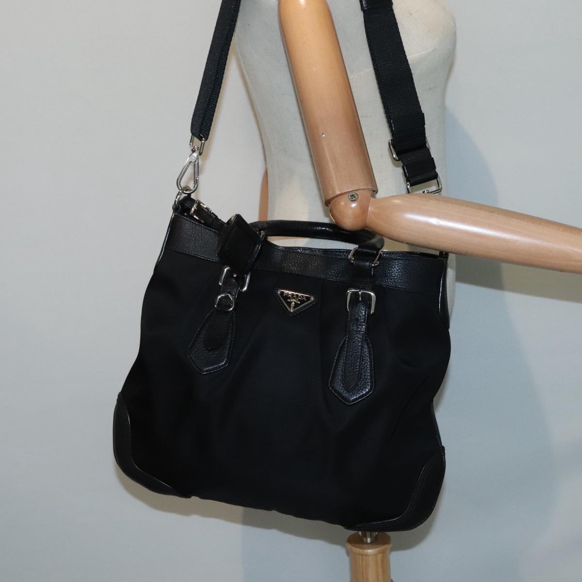 PRADA Hand Bag Nylon 2way Black Silver Auth am6907