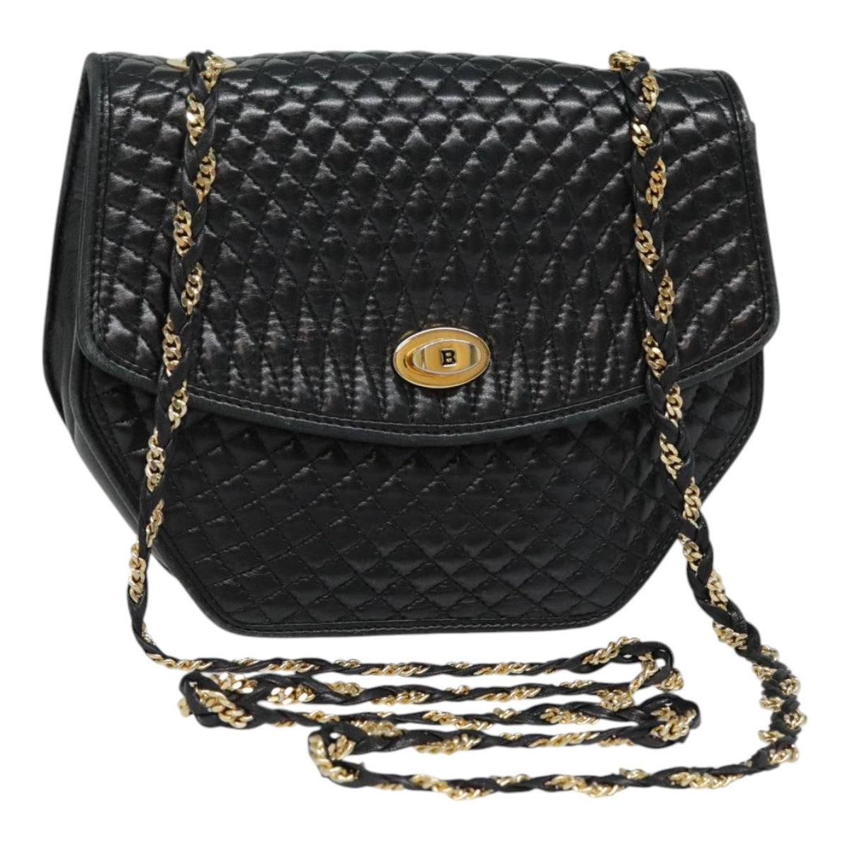 BALLY Chain Shoulder Bag Leather Black Gold Auth am6929