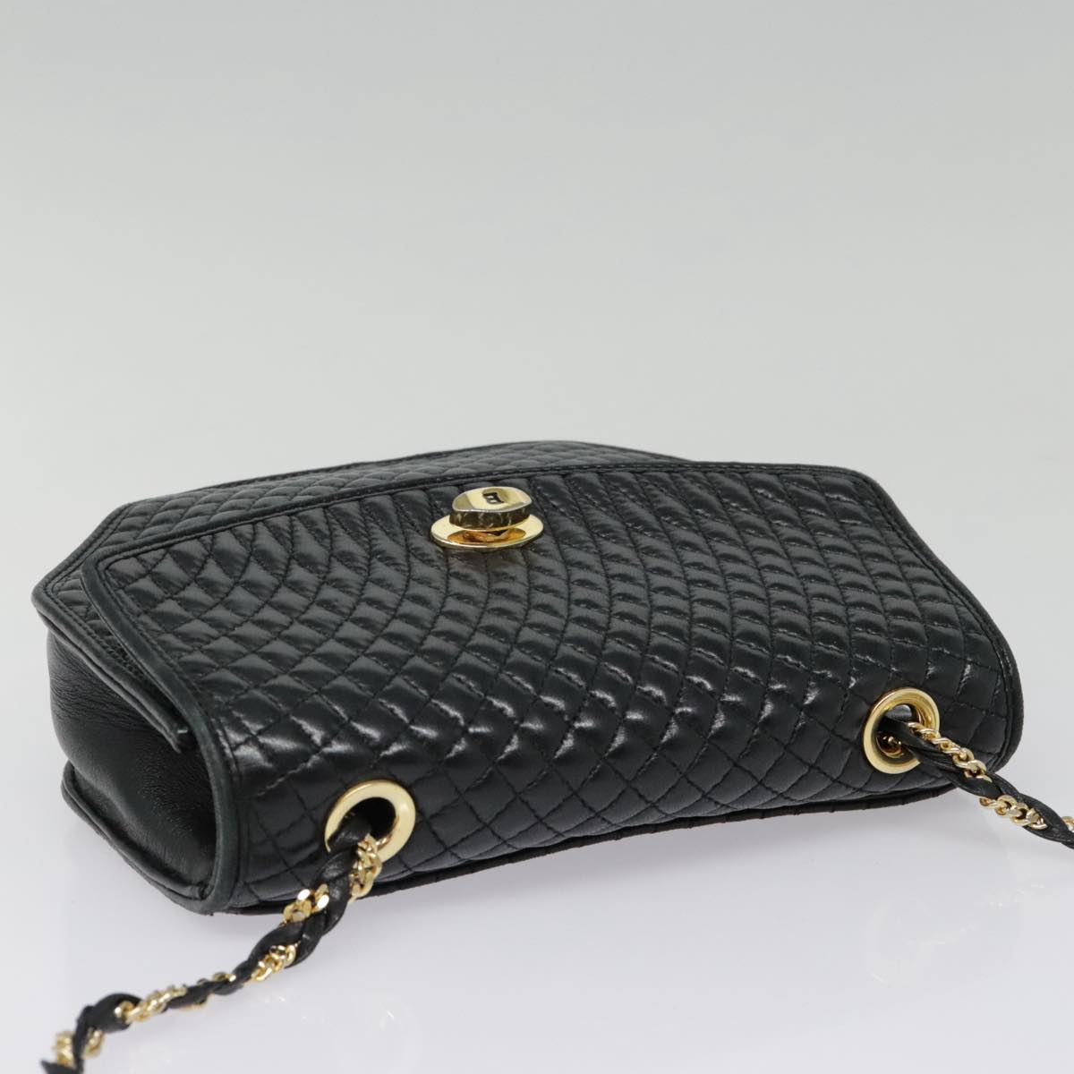 BALLY Chain Shoulder Bag Leather Black Gold Auth am6929