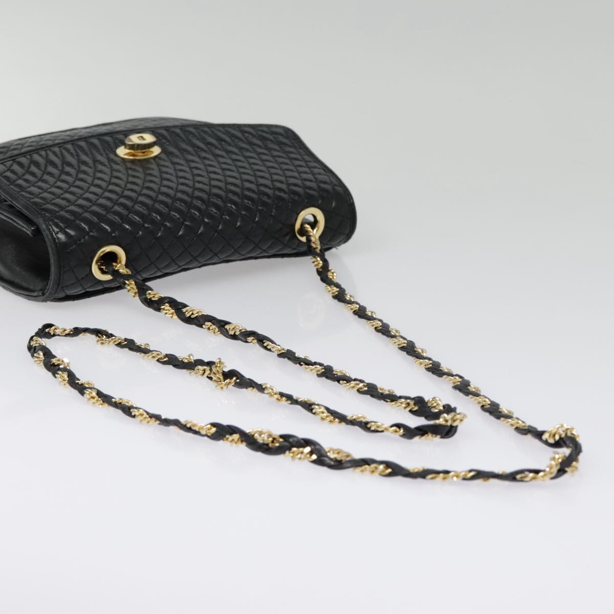 BALLY Chain Shoulder Bag Leather Black Gold Auth am6929