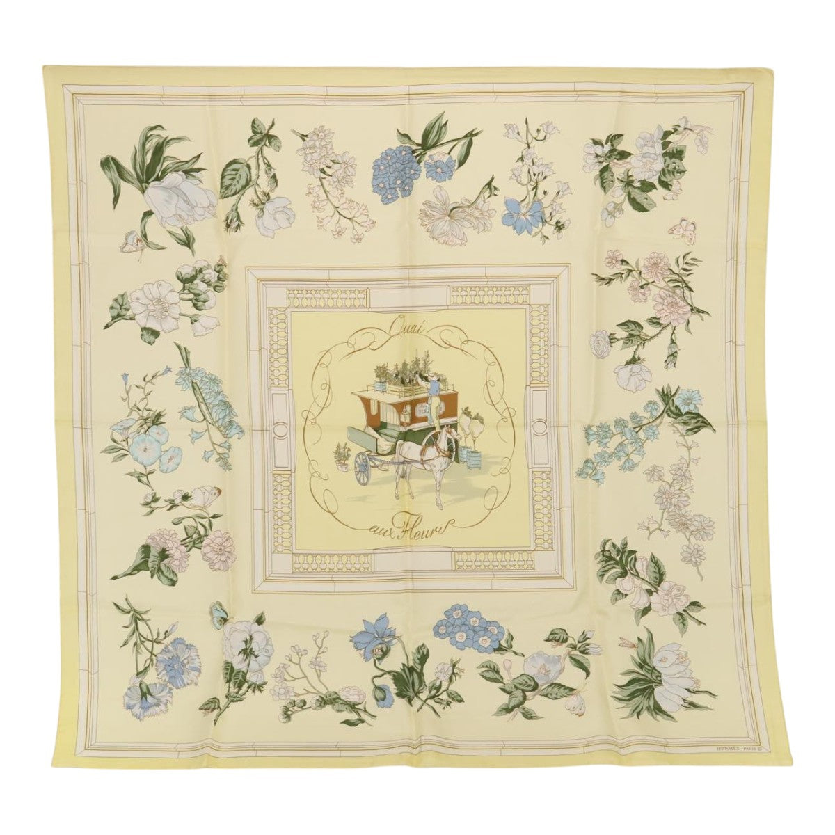 HERMES Carre 90 Scarf QUAI aux fleurs Silk Beige Auth am6948