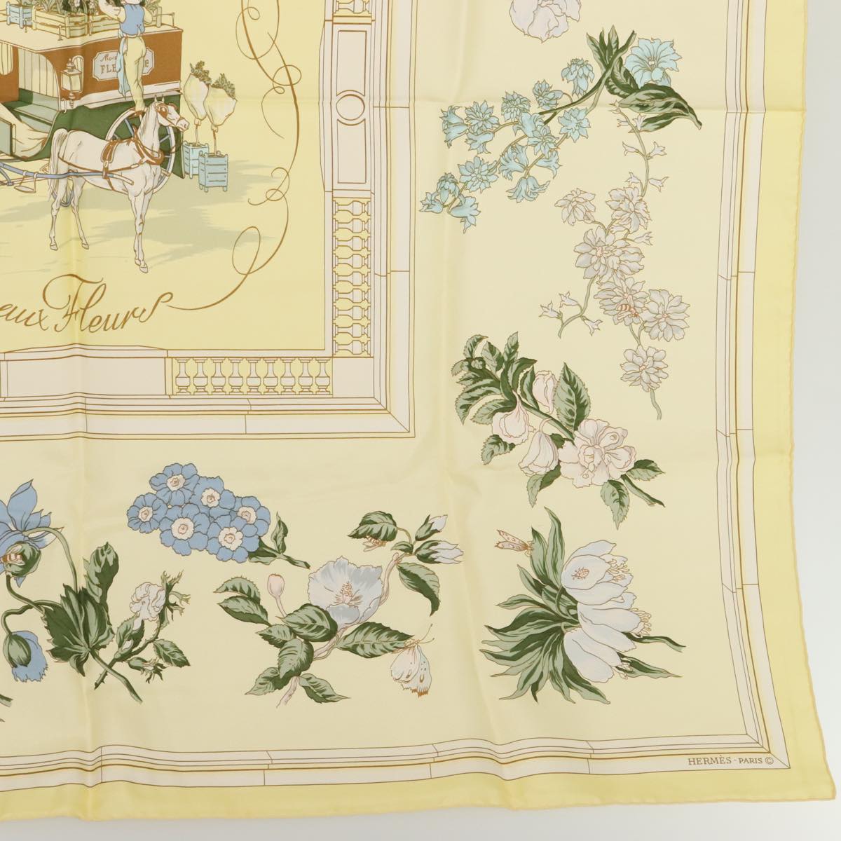 HERMES Carre 90 Scarf QUAI aux fleurs Silk Beige Auth am6948