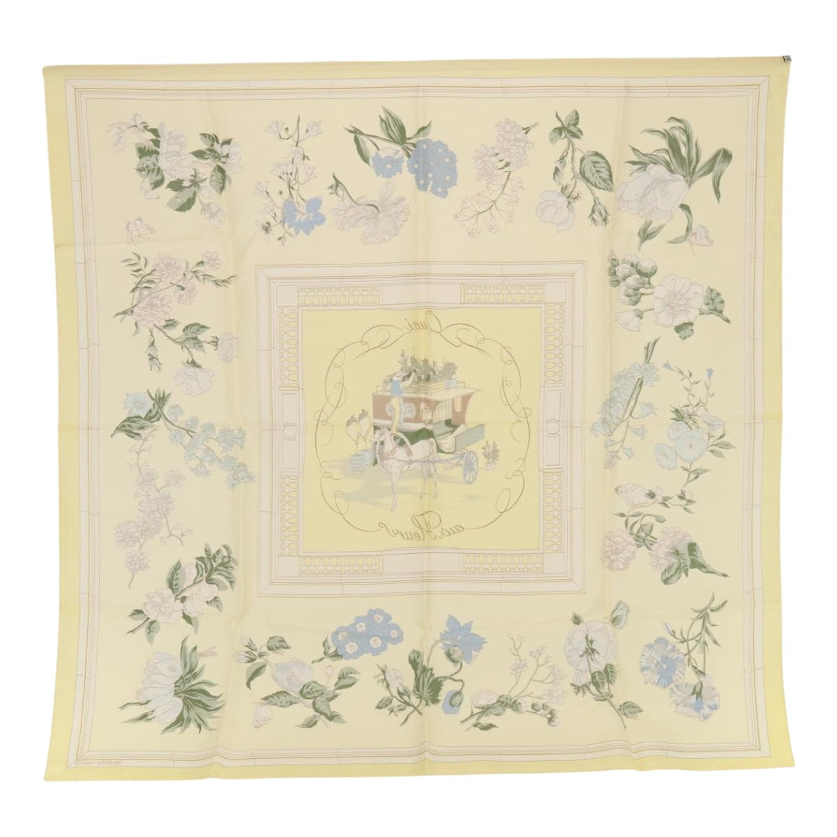 HERMES Carre 90 Scarf QUAI aux fleurs Silk Beige Auth am6948