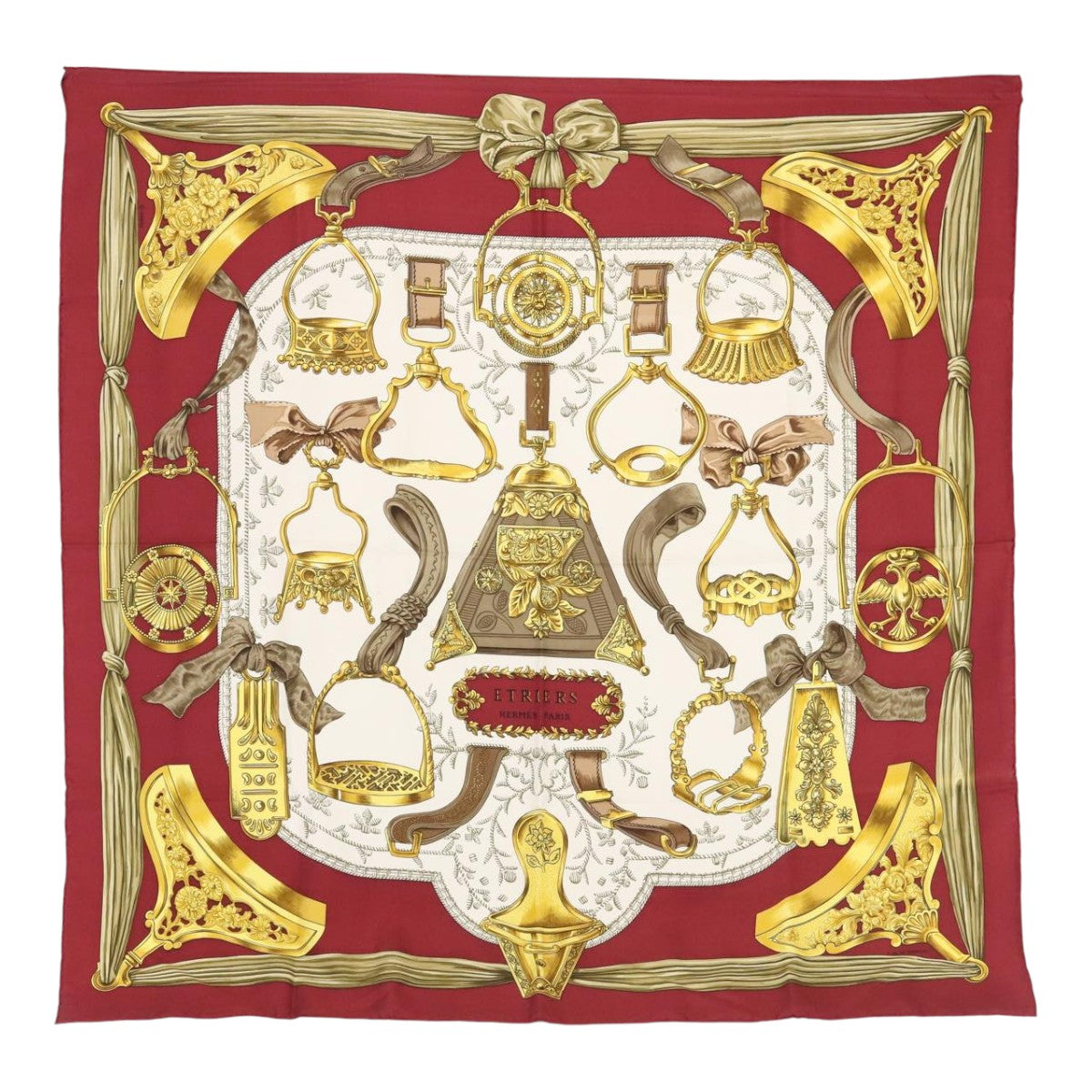 HERMES Carre 90 Scarf ETRIERS Silk Red Auth am6953