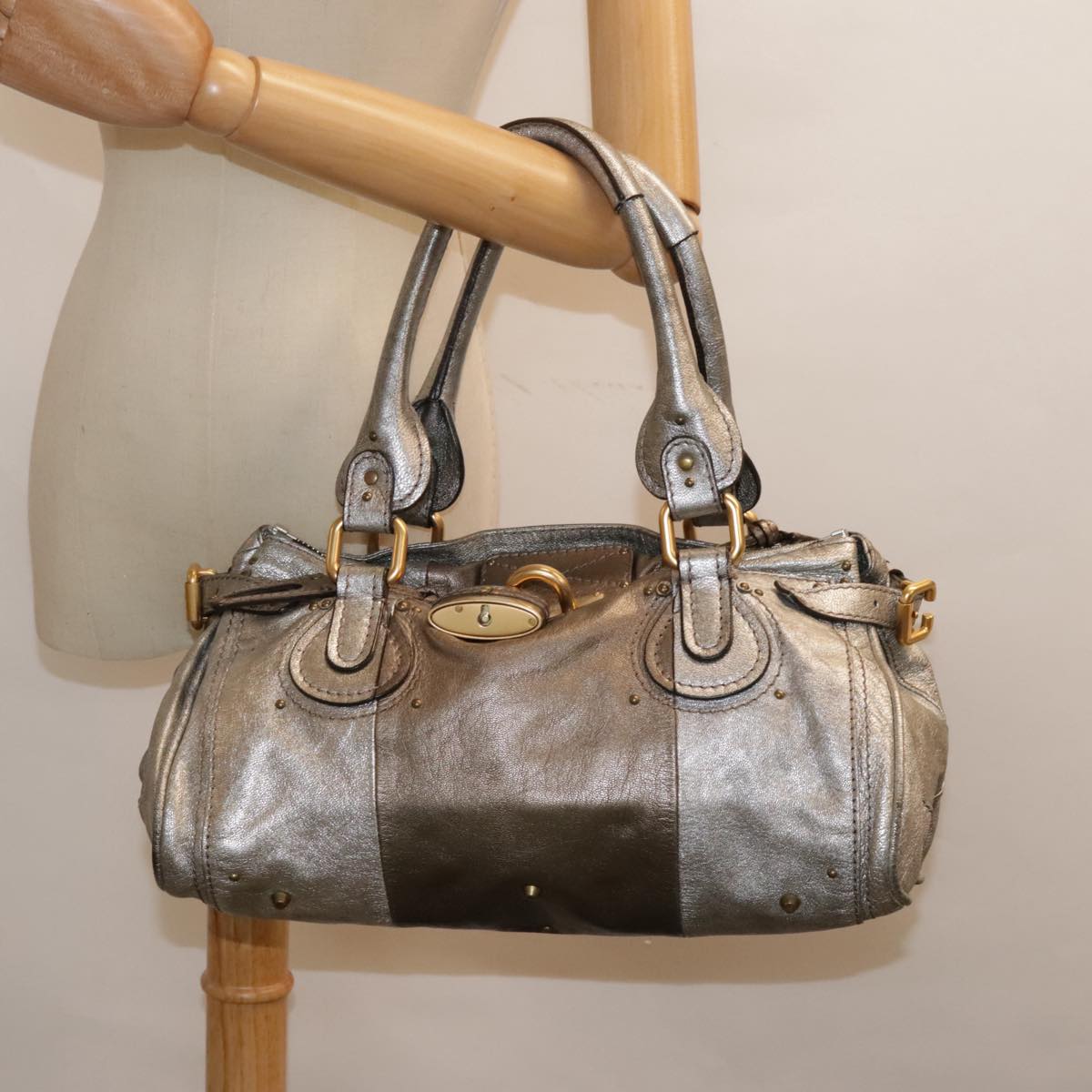 Chloe Paddington Hand Bag Leather Silver Auth am6971