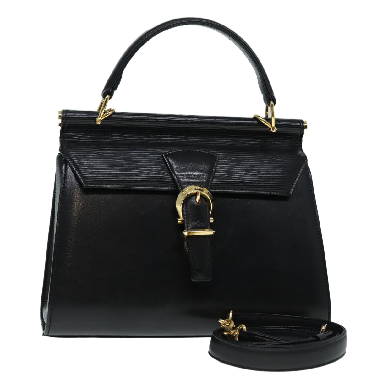 VALENTINO Hand Bag Leather 2way Black Gold Auth am6982