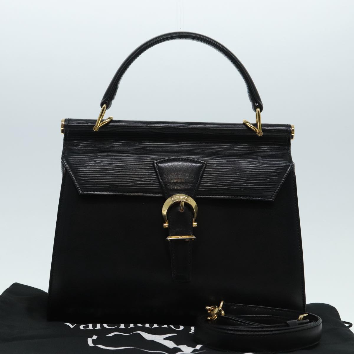 VALENTINO Hand Bag Leather 2way Black Gold Auth am6982