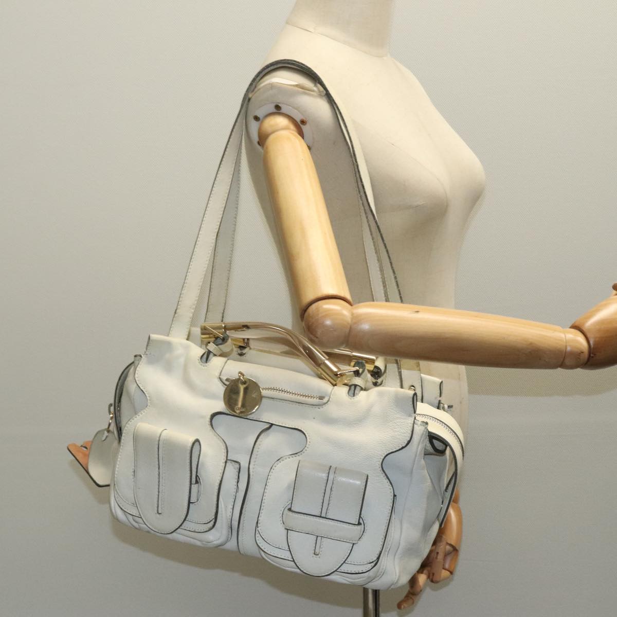 Chloe Hand Bag Leather 2way White Gold Auth am7014