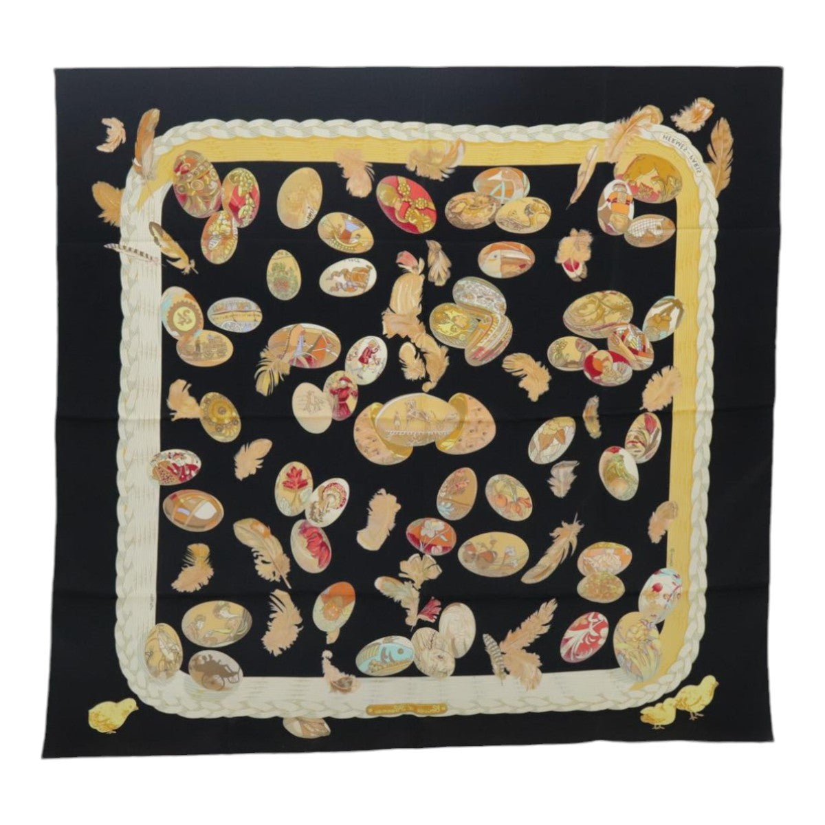 HERMES Carre 90 Scarf ""COUVEE D’ HERMES"" Silk Black Auth am7023