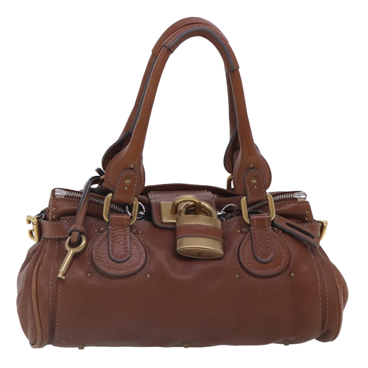 Chloe Paddington Hand Bag Leather Brown Gold Silver Auth am7036