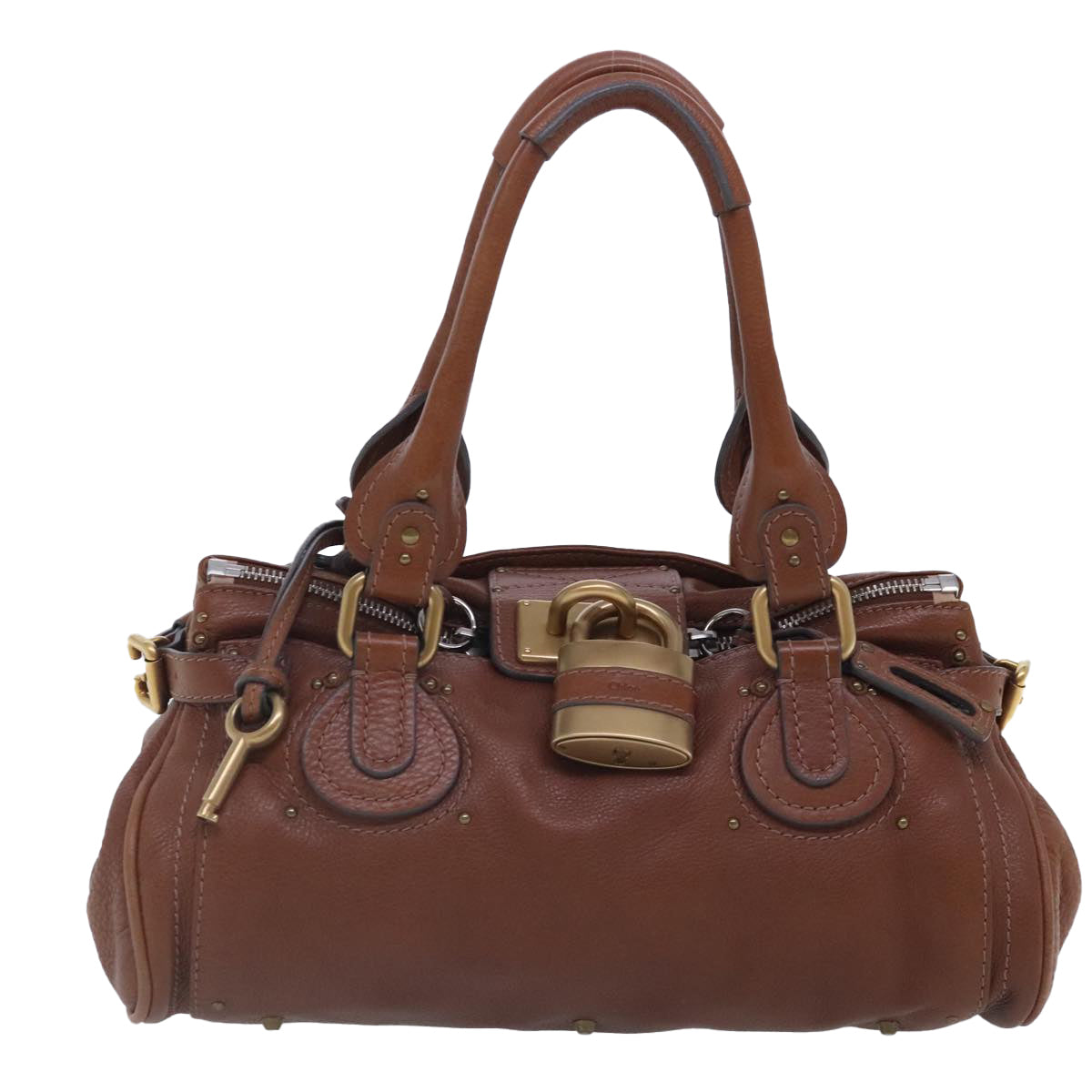 Chloe Paddington Hand Bag Leather Brown Gold Silver Auth am7036