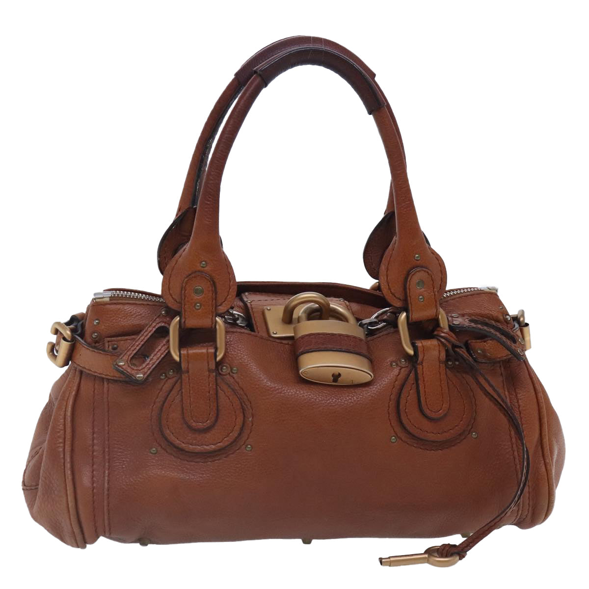 Chloe Paddington Hand Bag Leather Brown Gold Silver Auth am7038