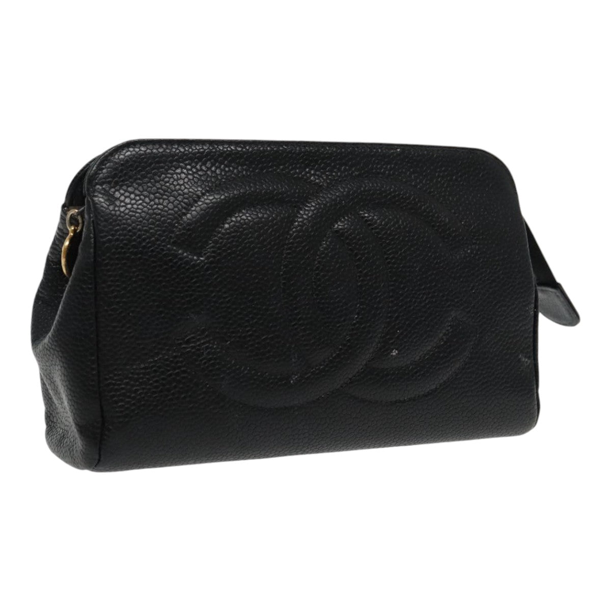 CHANEL COCO Mark Pouch Caviar Skin Black Gold CC Auth am7049