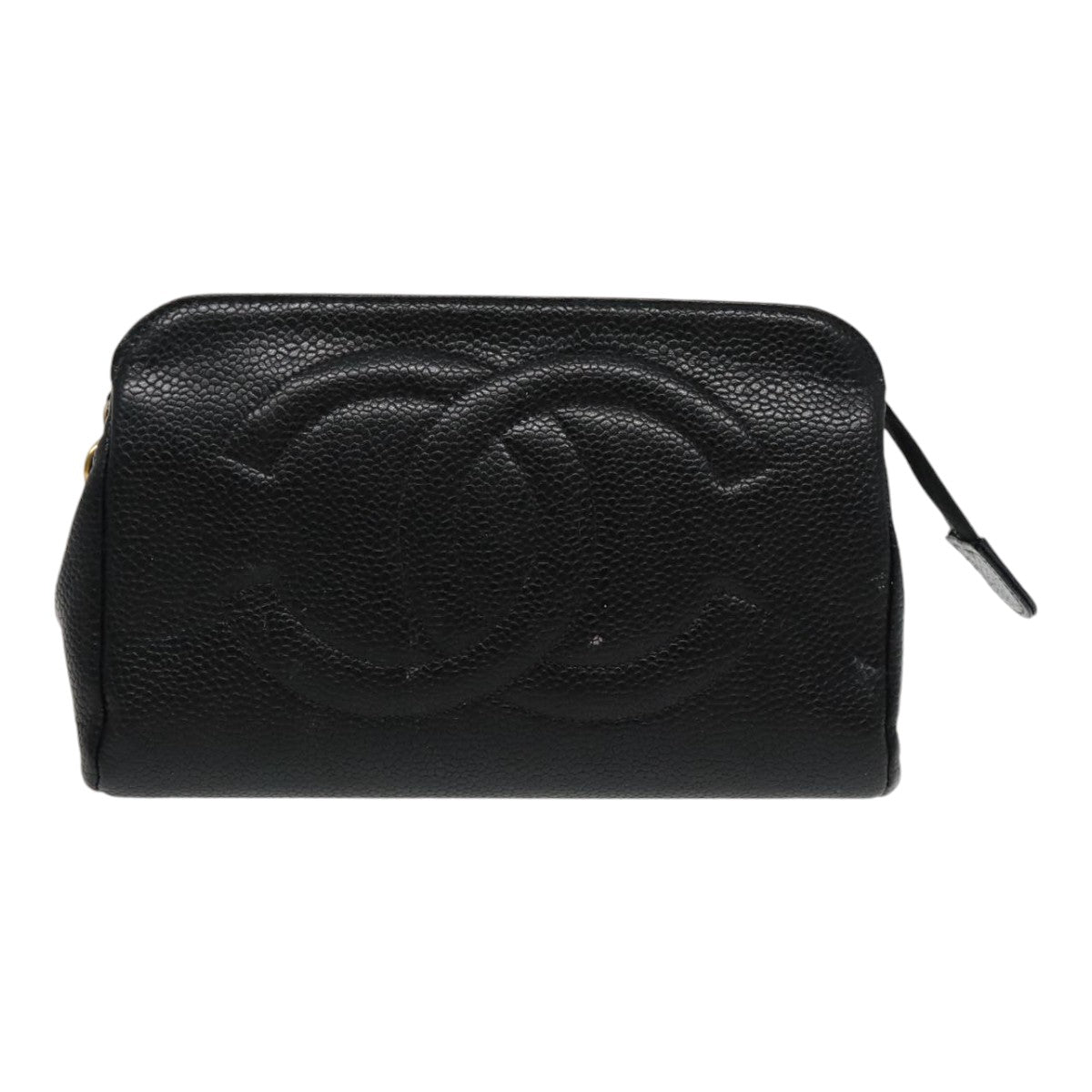 CHANEL COCO Mark Pouch Caviar Skin Black Gold CC Auth am7049