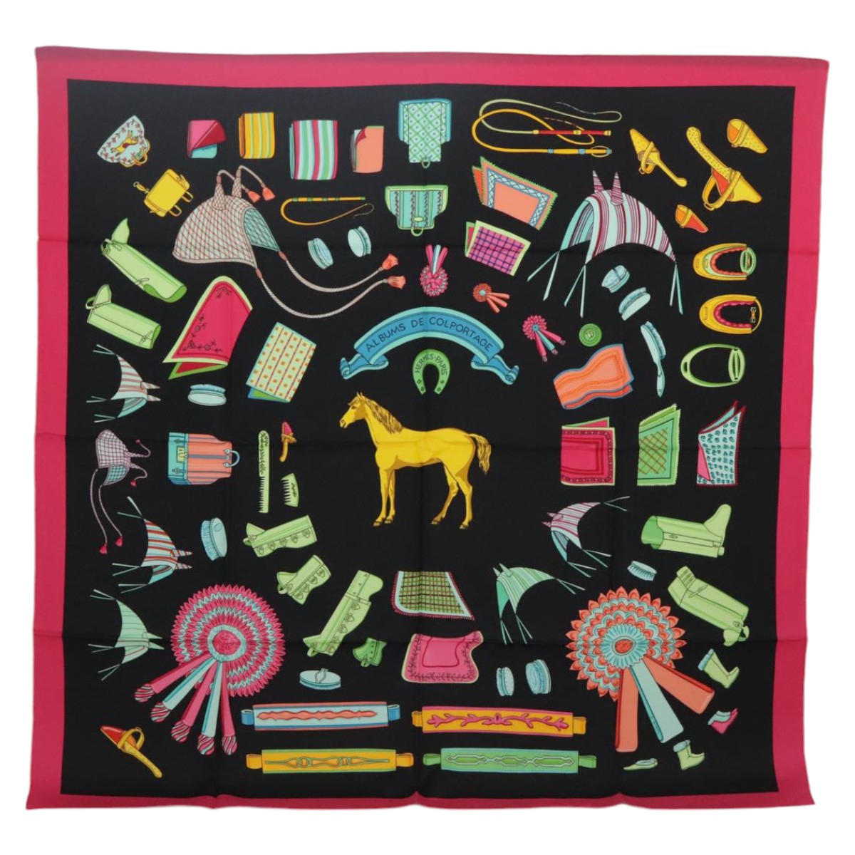 HERMES Carre 90 Scarf ALBUMS DE COLPORTAGE Silk Black Pink Auth am7051