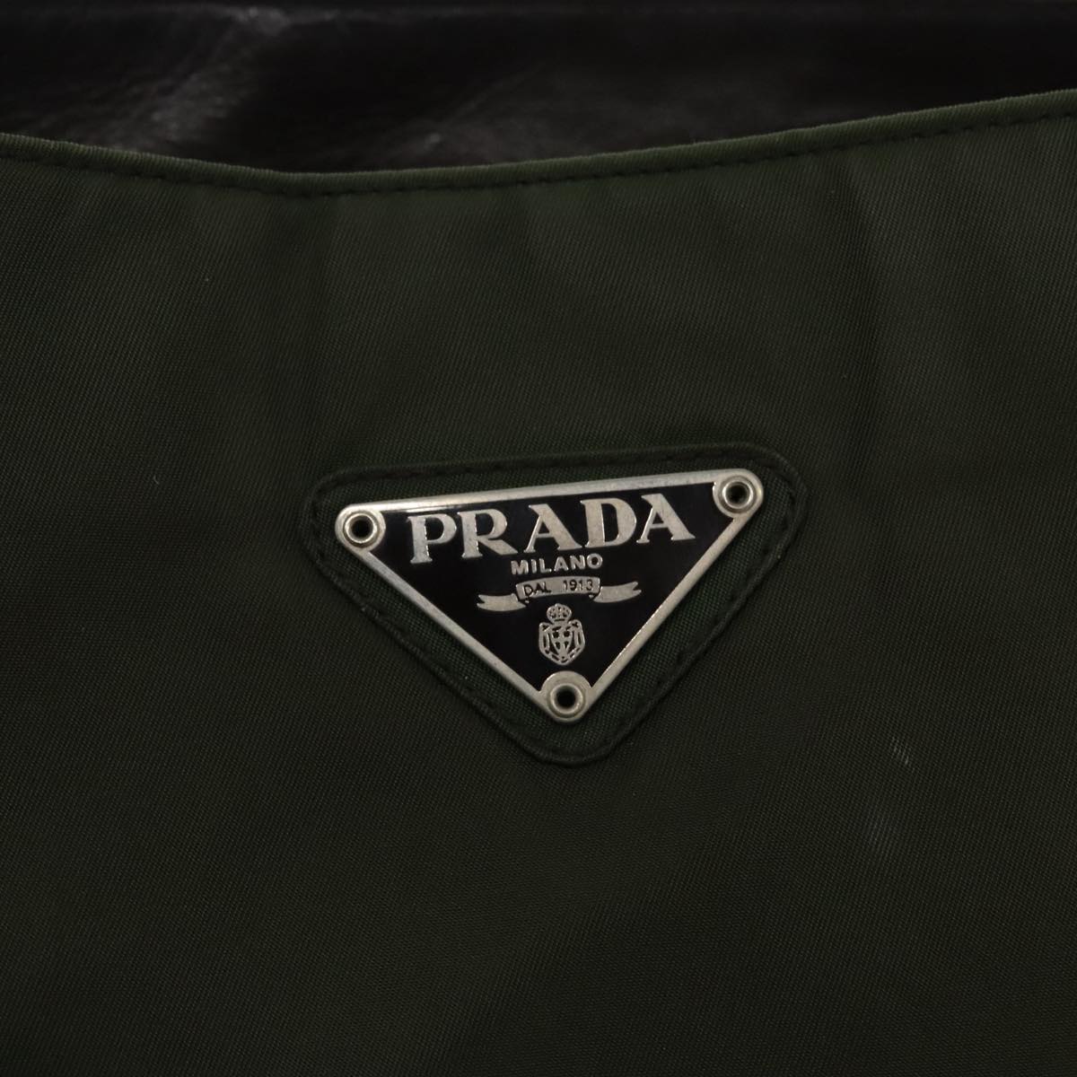 PRADA Shoulder Bag Nylon Leather Khaki Dark Brown Silver Auth am7108