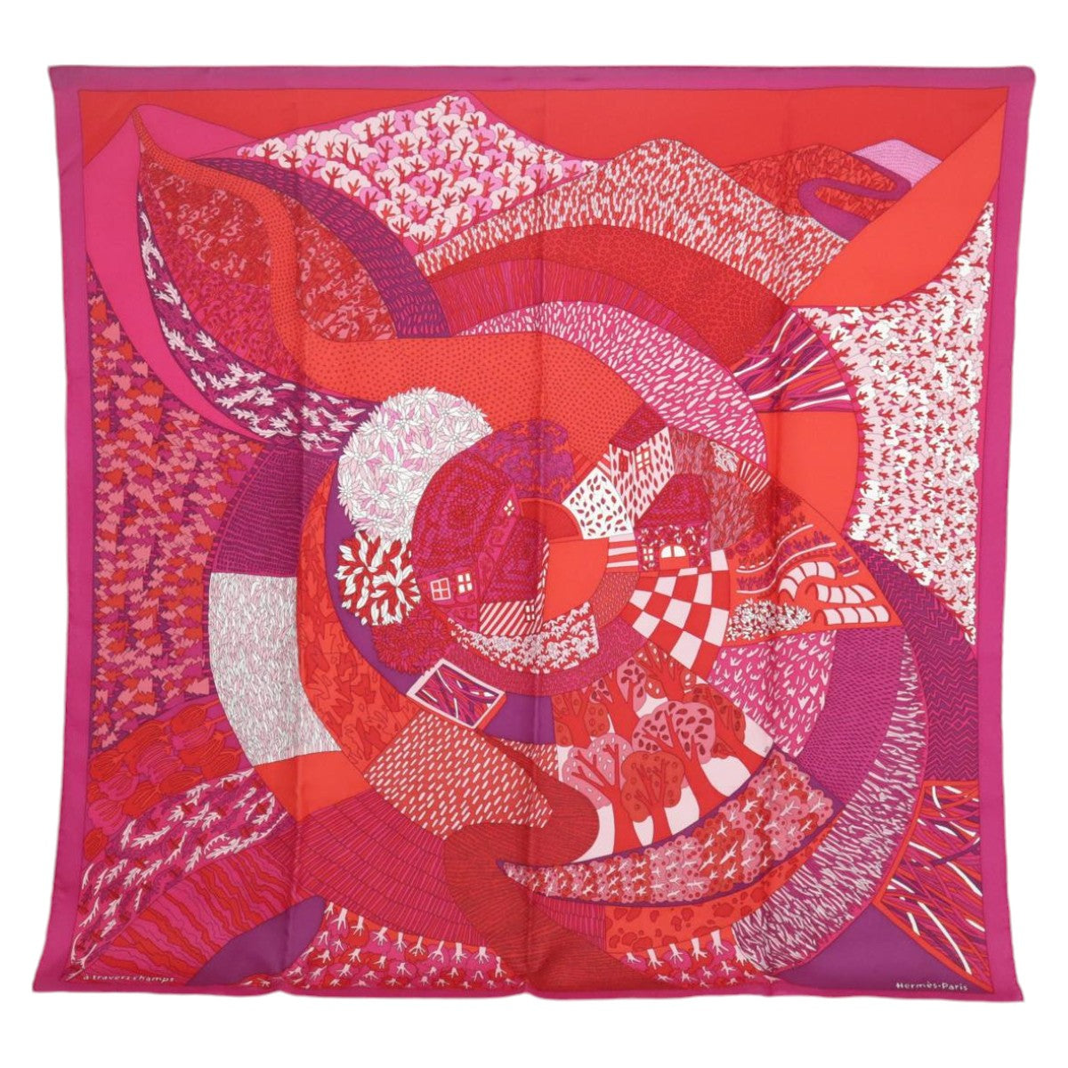 HERMES Carre 90 Scarf ""A TRAVERS CHAMPS"" Silk Red Auth am7125