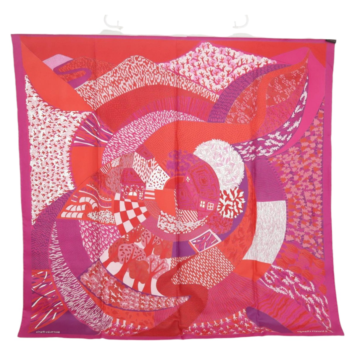 HERMES Carre 90 Scarf ""A TRAVERS CHAMPS"" Silk Red Auth am7125