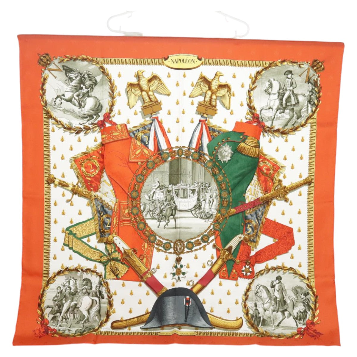 HERMES Carre 90 Scarf ""NAPOLEON"" Silk Orange Auth am7152