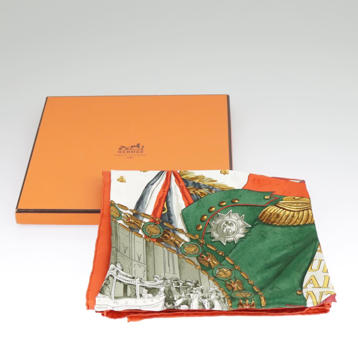 HERMES Carre 90 Scarf ""NAPOLEON"" Silk Orange Auth am7152