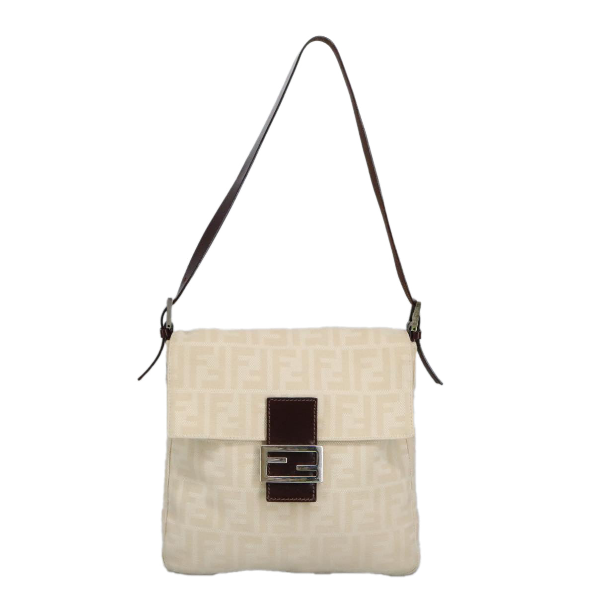 FENDI Zucca Canvas Mamma Baguette Shoulder Bag Beige Silver Auth am7156