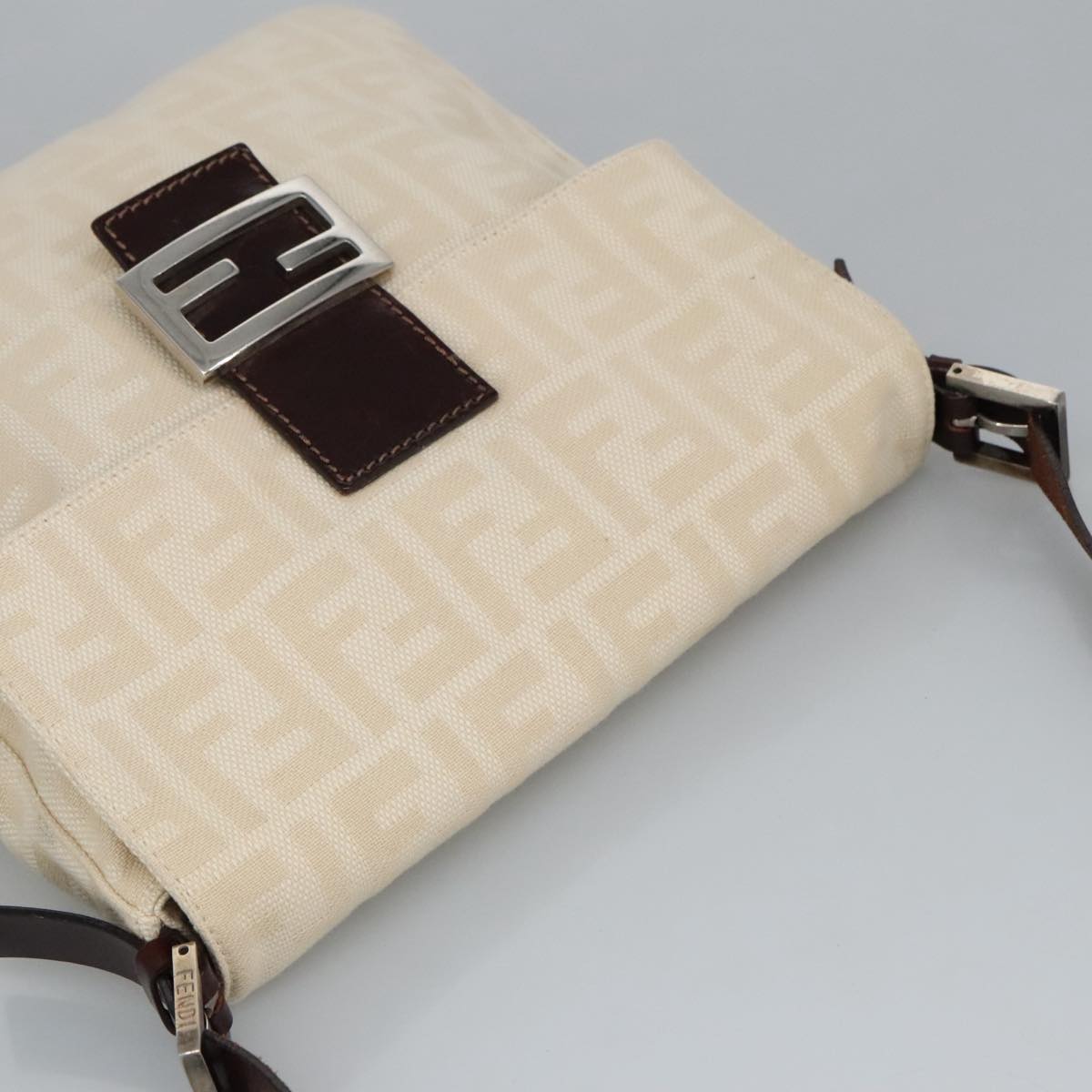 FENDI Zucca Canvas Mamma Baguette Shoulder Bag Beige Silver Auth am7156