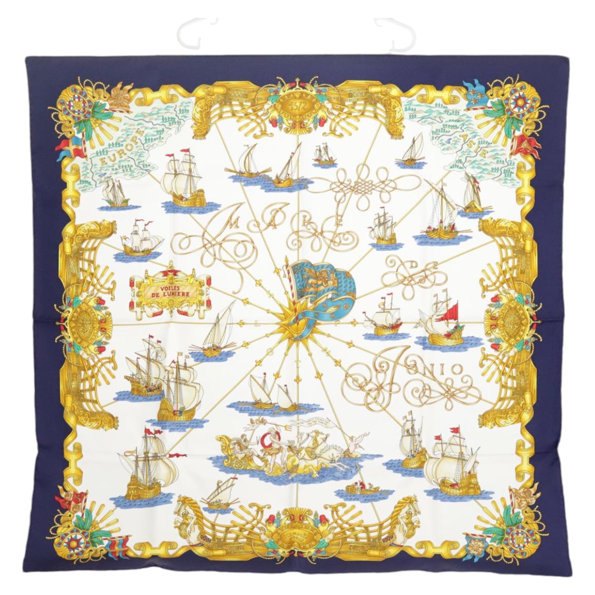 HERMES Carre 90 Scarf ""VOILES DE LUMIRE"" Silk Navy White Auth am7163