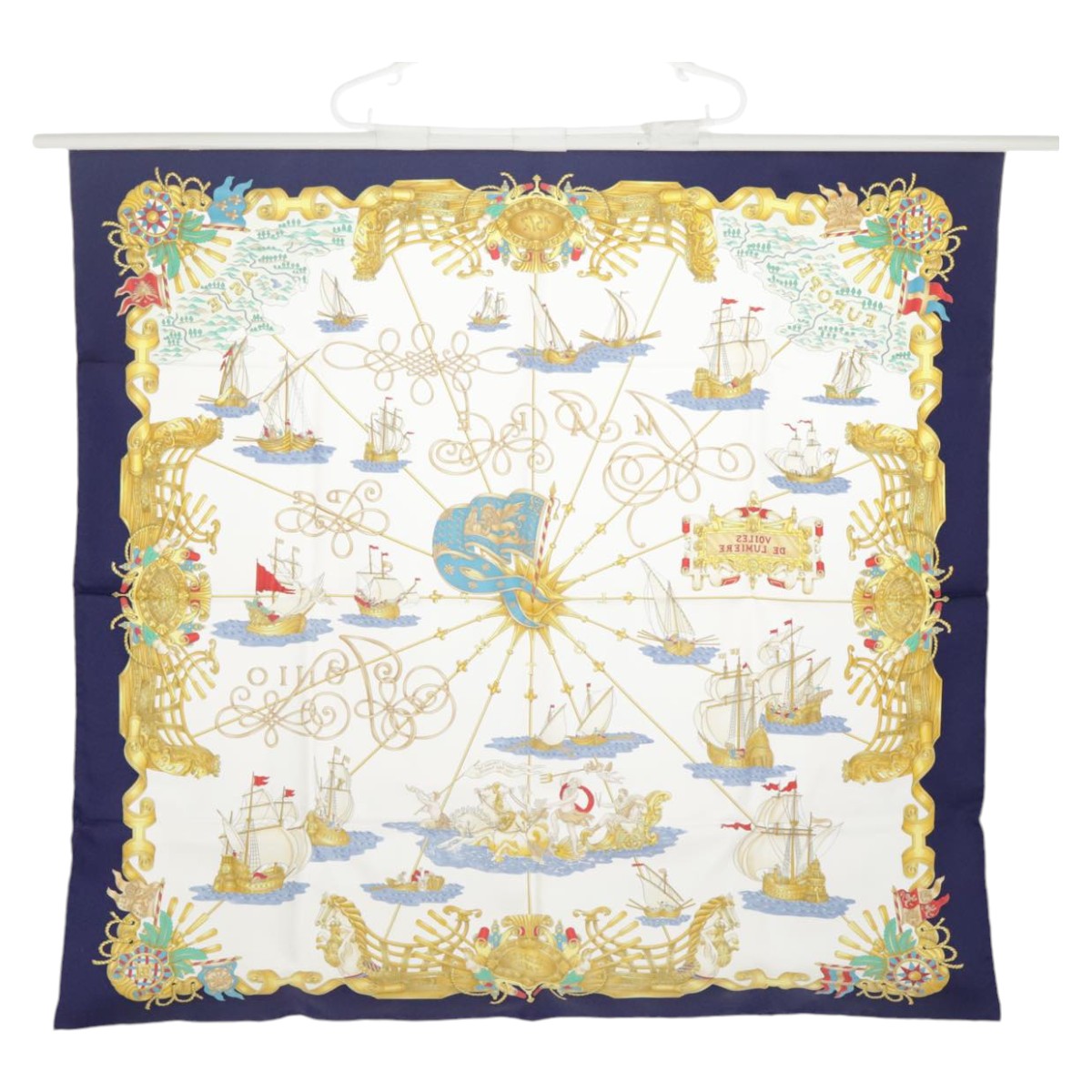 HERMES Carre 90 Scarf ""VOILES DE LUMIRE"" Silk Navy White Auth am7163