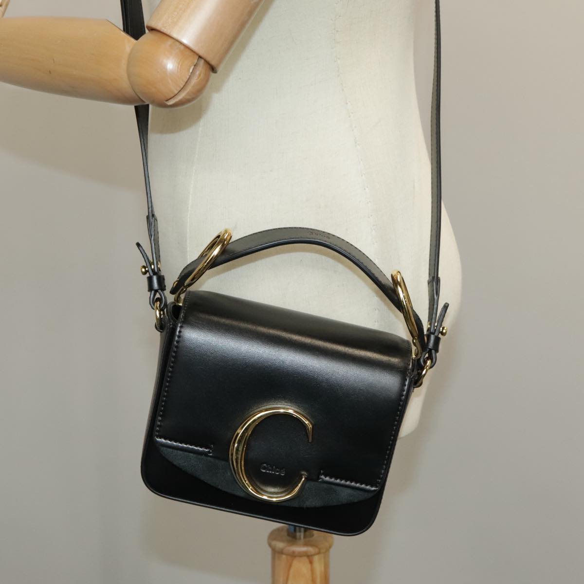 Chloe Mini Hand Bag Leather 2way Black Gold Auth am7172V