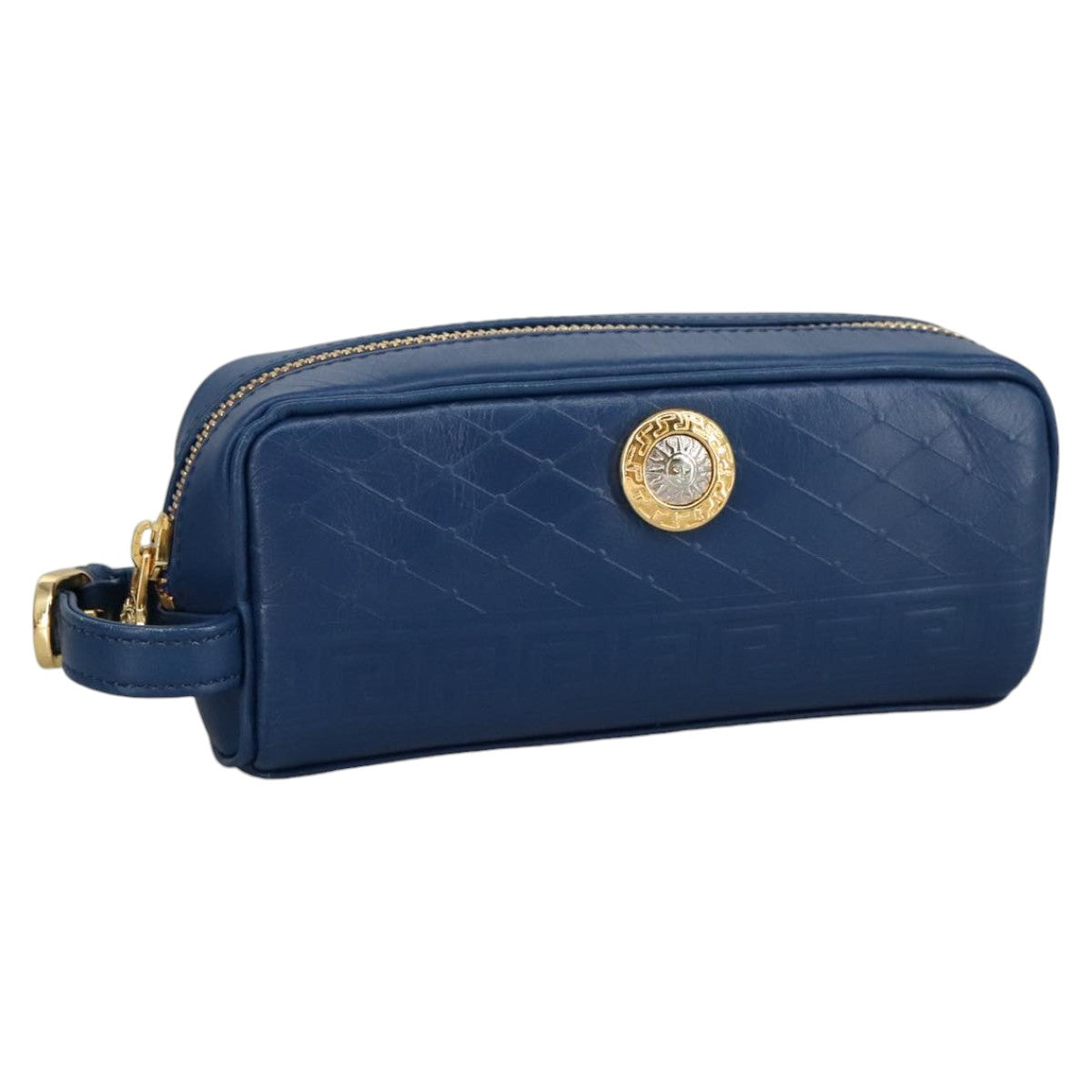 Gianni Versace Pouch Leather Gold Blue Auth am7192