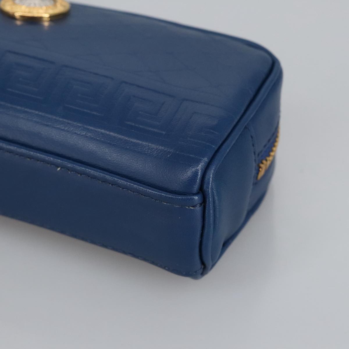 Gianni Versace Pouch Leather Gold Blue Auth am7192