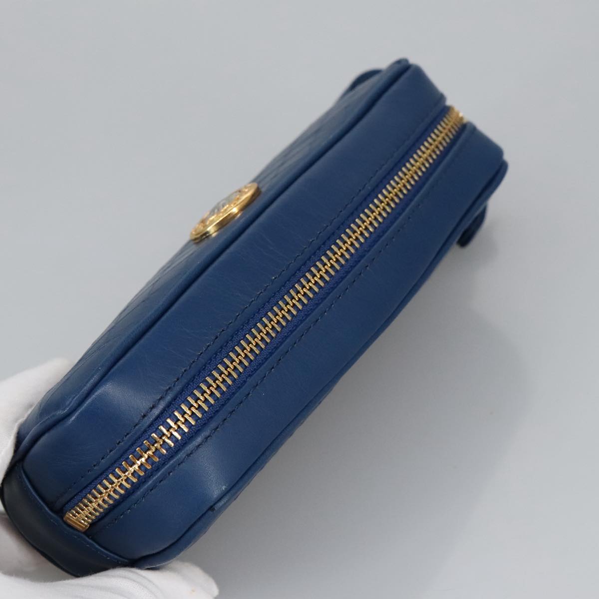 Gianni Versace Pouch Leather Gold Blue Auth am7192