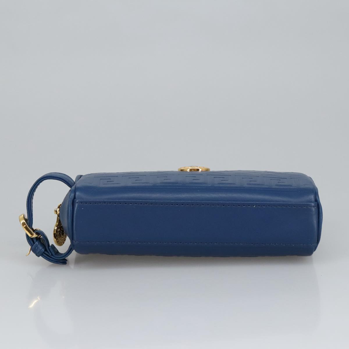 Gianni Versace Pouch Leather Gold Blue Auth am7192