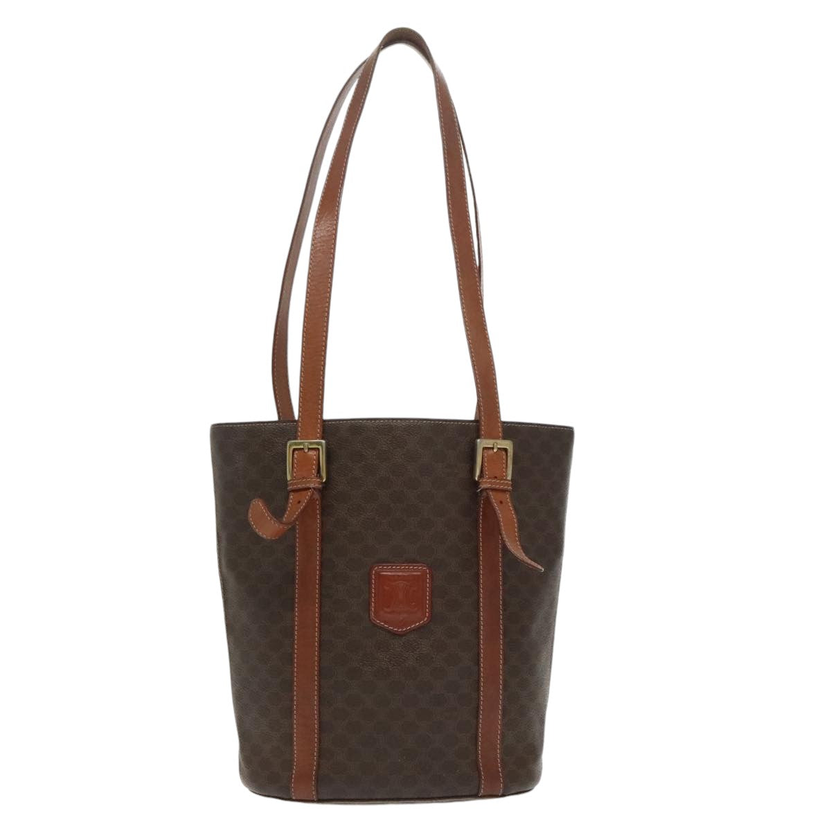 CELINE Macadam Canvas Tote Bag PVC Leather Brown Gold Auth am7209