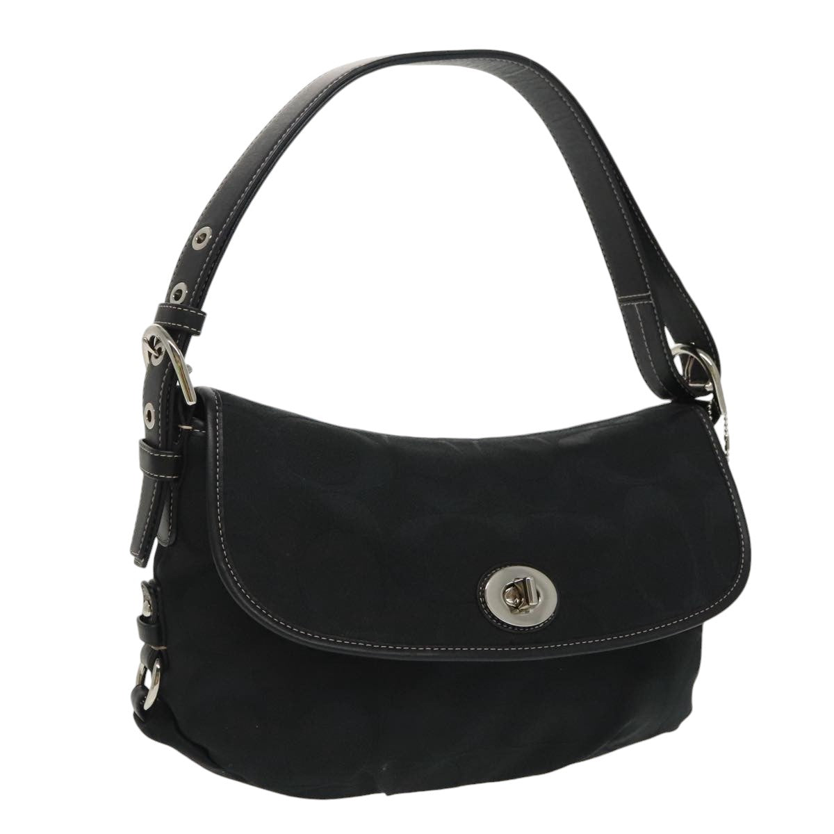 Coach Signature Shoulder Bag Canvas Black Silver Auth am7220