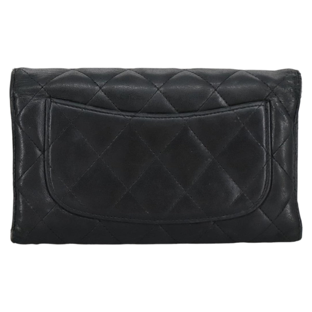 CHANEL Matelasse Long Wallet Lamb Skin Black Silver CC Auth am7222